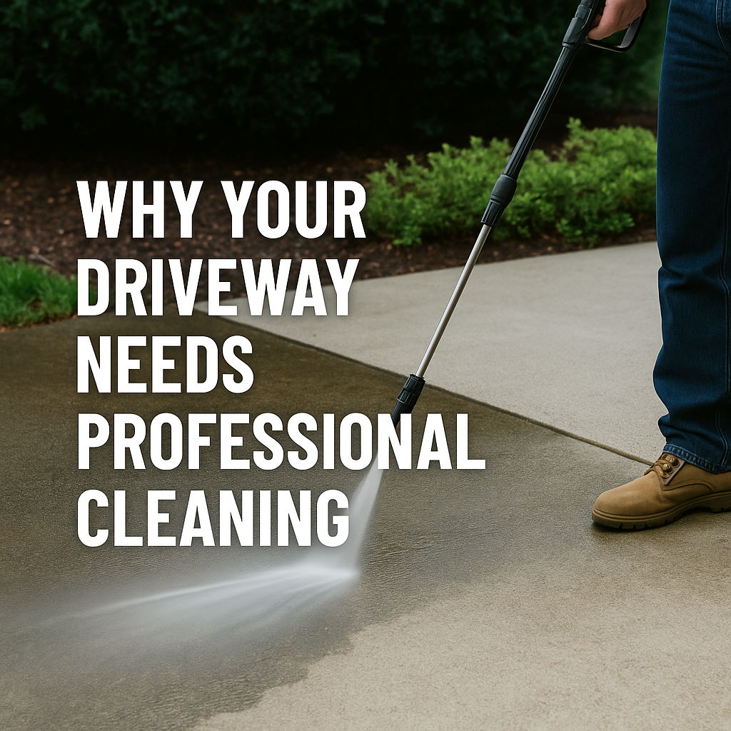 Before and after of a professionally cleaned concrete driveway in Peoria, Illinois by River City Pressure Washing.