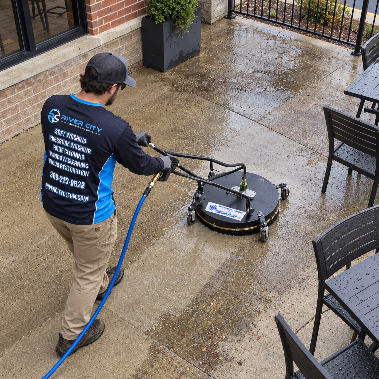 Overhead view of a technician using a wheeled surface cleaner on a restaurant patio.