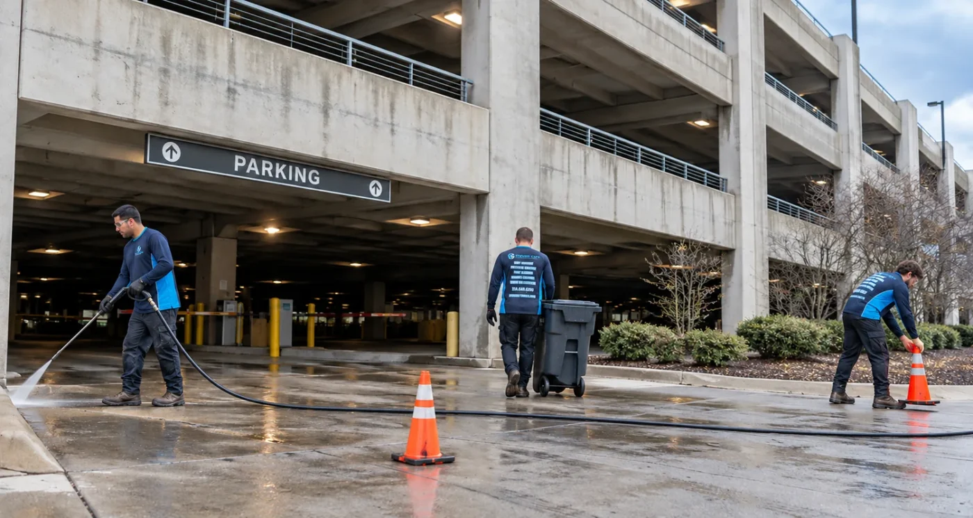 Three RCPW technicians rinsing an entrance apron, moving a bin and positioning a cone outside a parking garage.