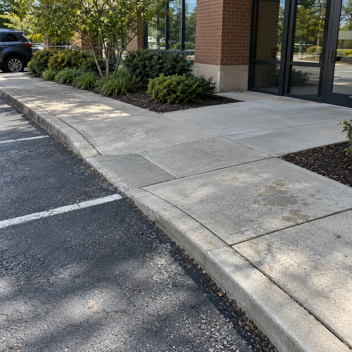 Concrete sidewalk and curb ramp beside a commercial entrance and marked parking spaces.