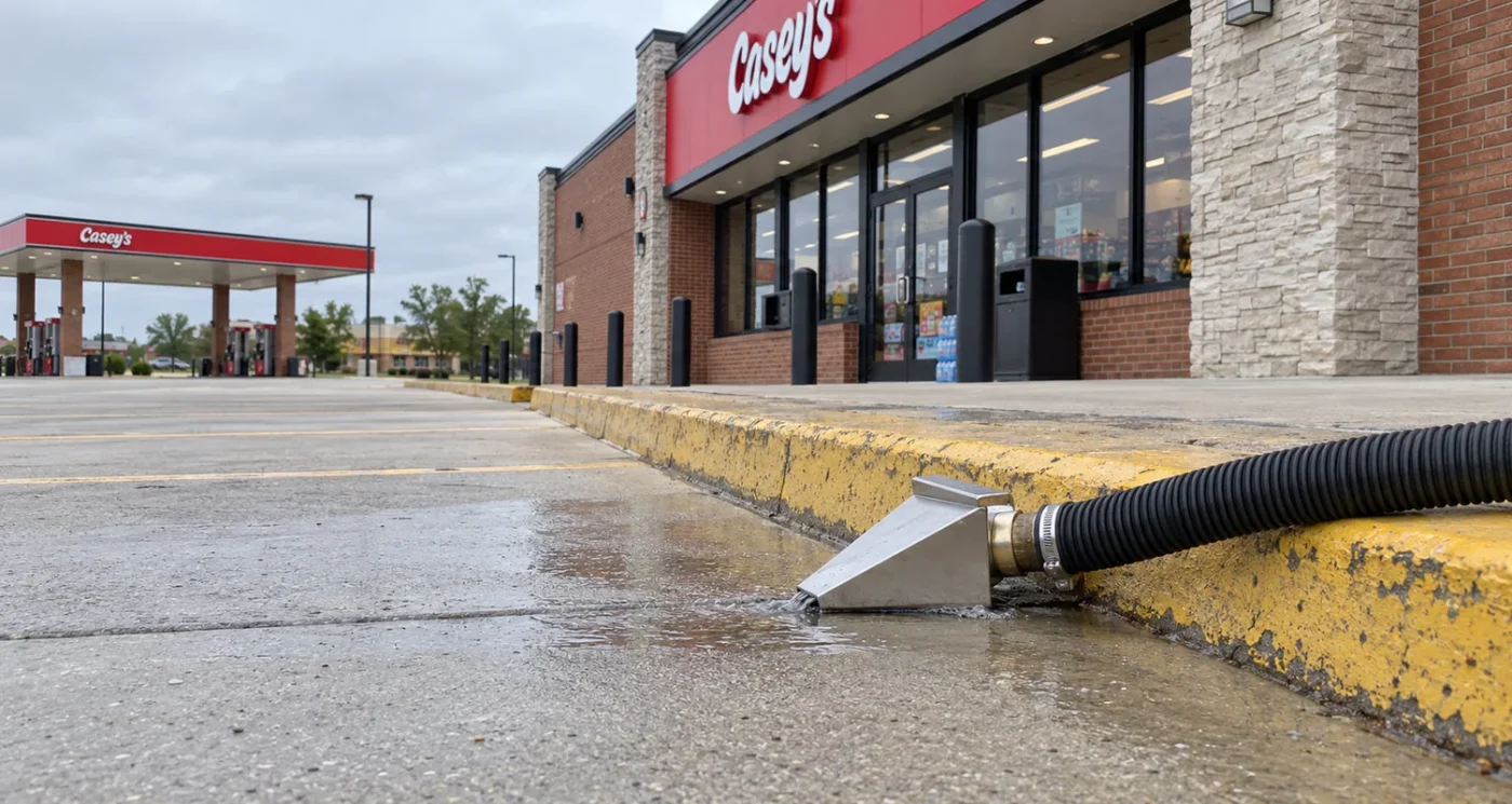 Stationary water pickup head and hose beside a gas-station storefront curb.