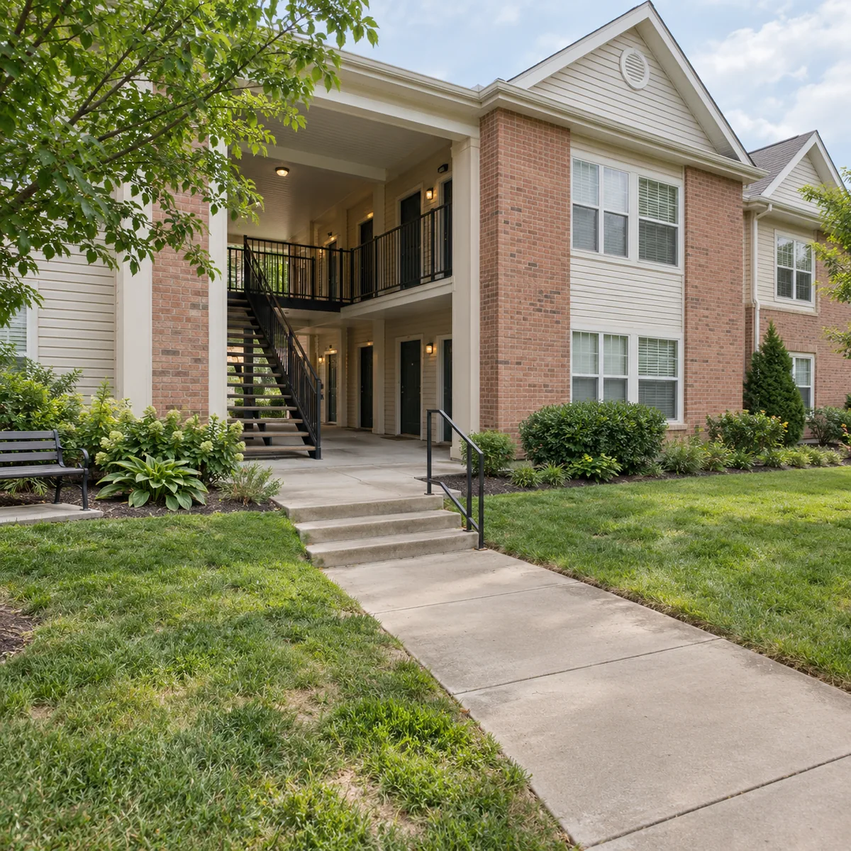 Apartment building with a shared breezeway, exterior stairs and a concrete entrance walkway.