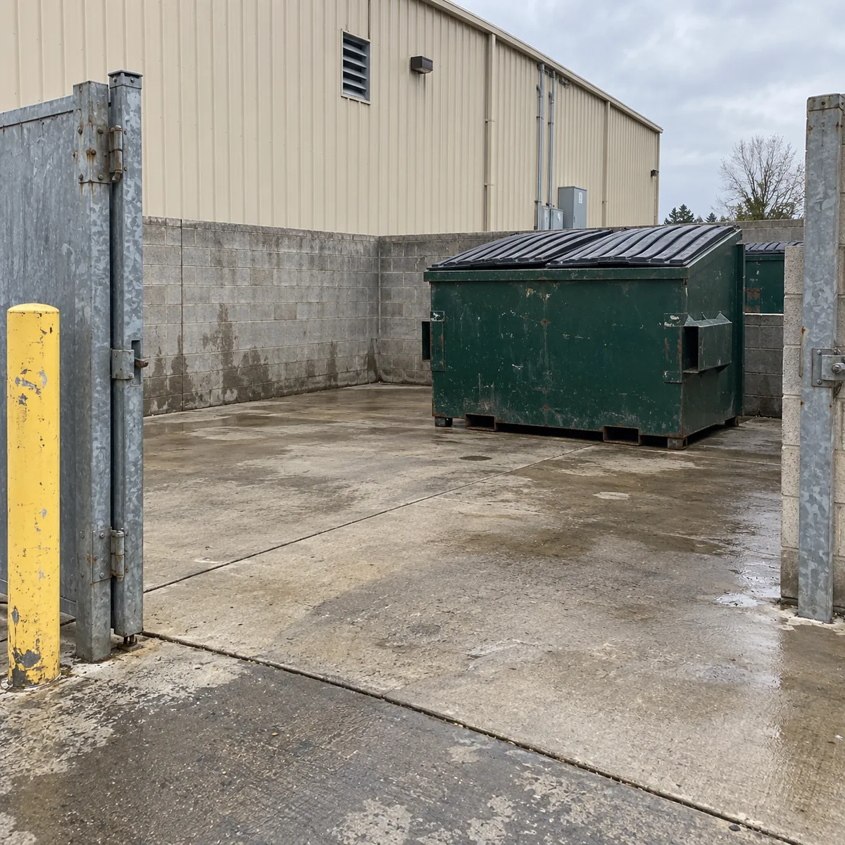 Steel dumpster on a concrete pad inside a gated commercial refuse enclosure.