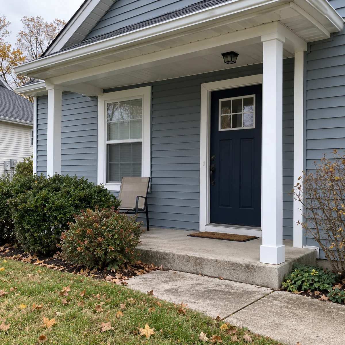 Blue-gray siding and white porch trim beside a navy front door, worn concrete and fallen leaves.
