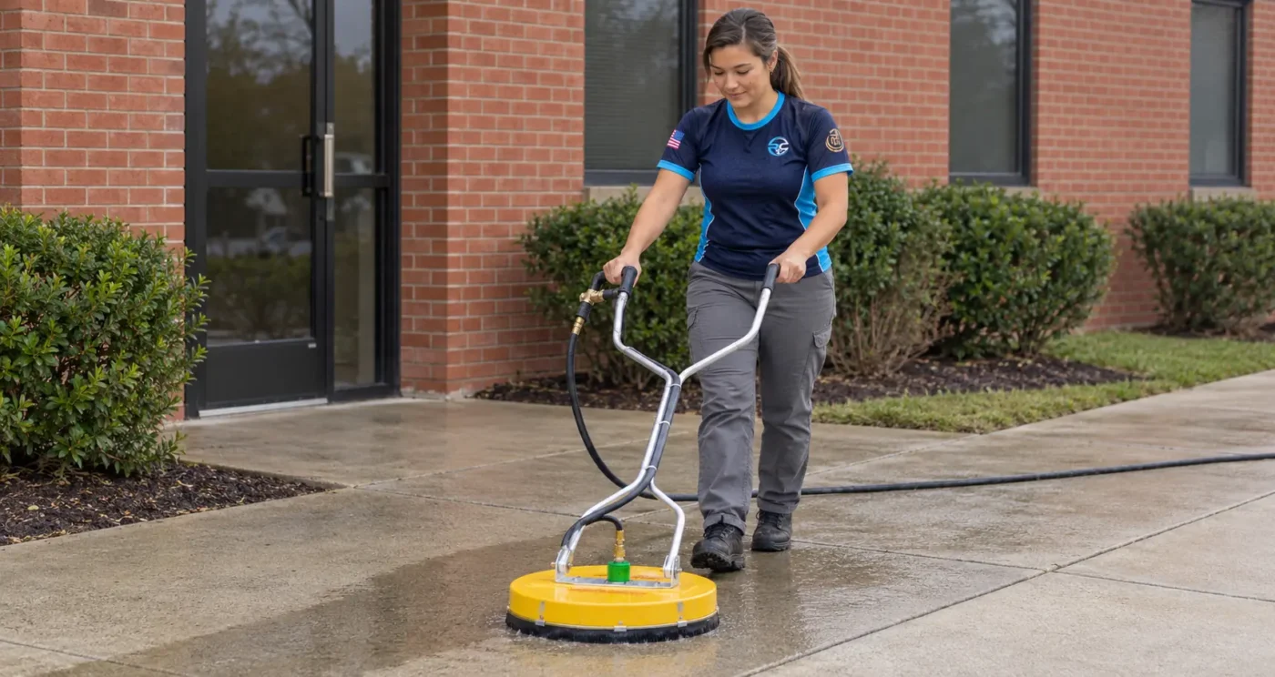 River City technician operating a yellow Whisper Wash surface cleaner on a sidewalk outside a brick office building.