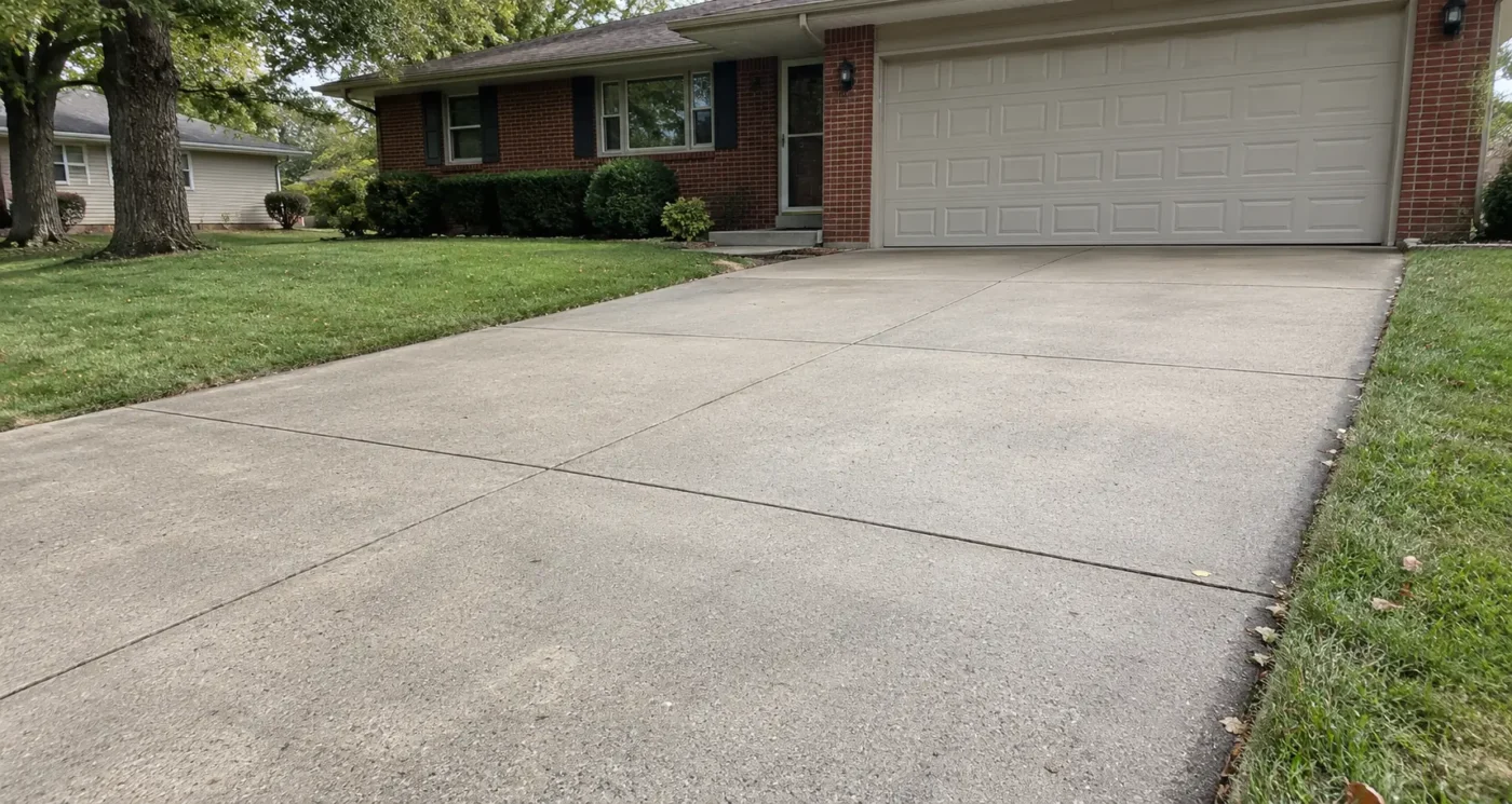 Clean two-car concrete driveway leading to a brick home’s garage beside a green lawn.