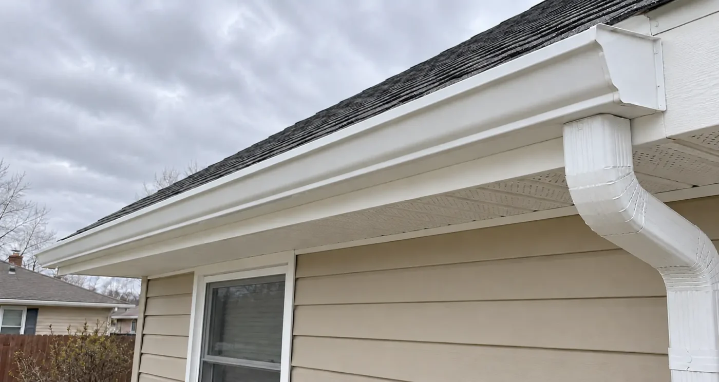 Clean white gutter, fascia, soffit and downspout along a beige house roofline.