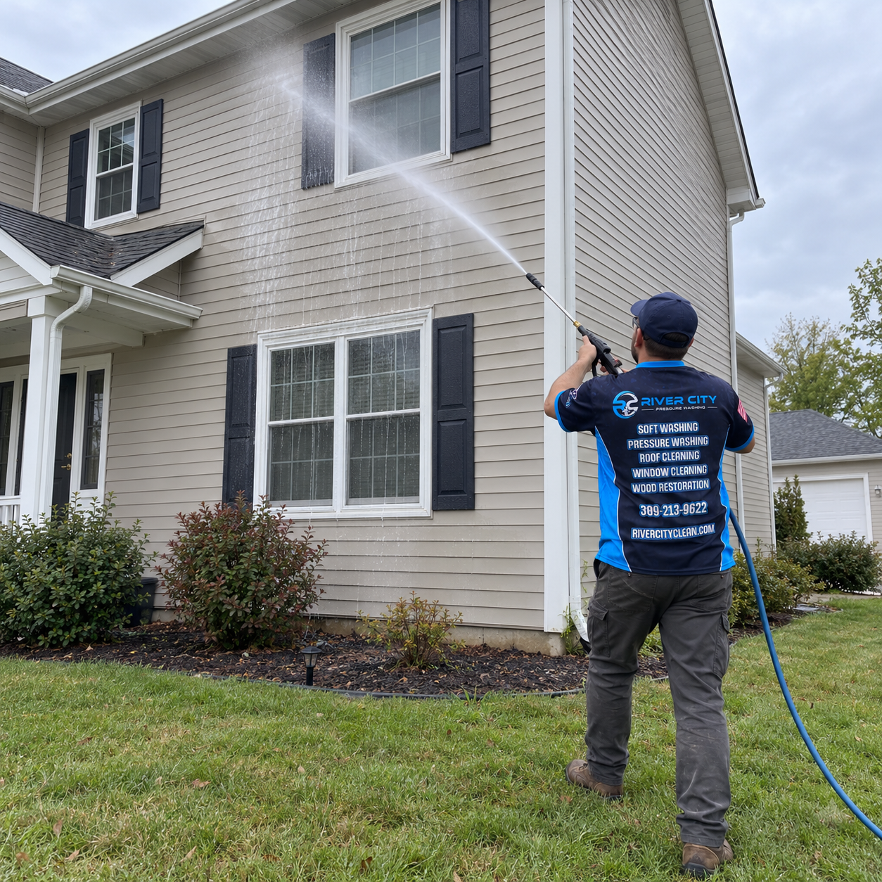 River City Pressure Washing technician rinsing the upper siding of a two-story home from the ground.