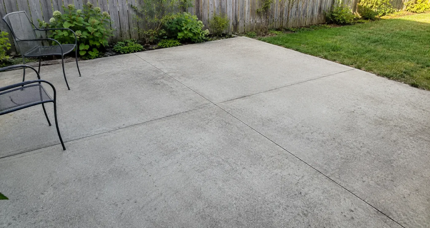Clean concrete backyard patio with metal chairs beside a wood privacy fence and lawn.