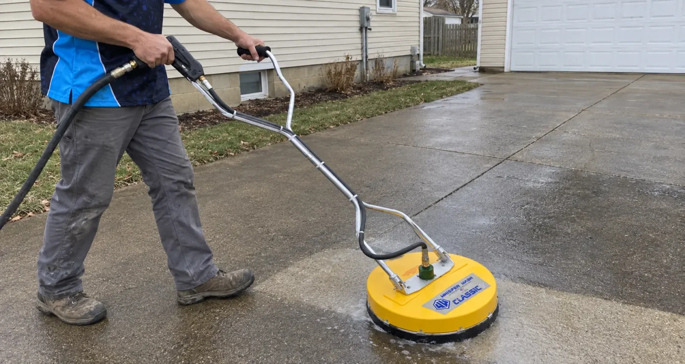Technician operating a yellow Whisper Wash surface cleaner on a damp residential driveway.