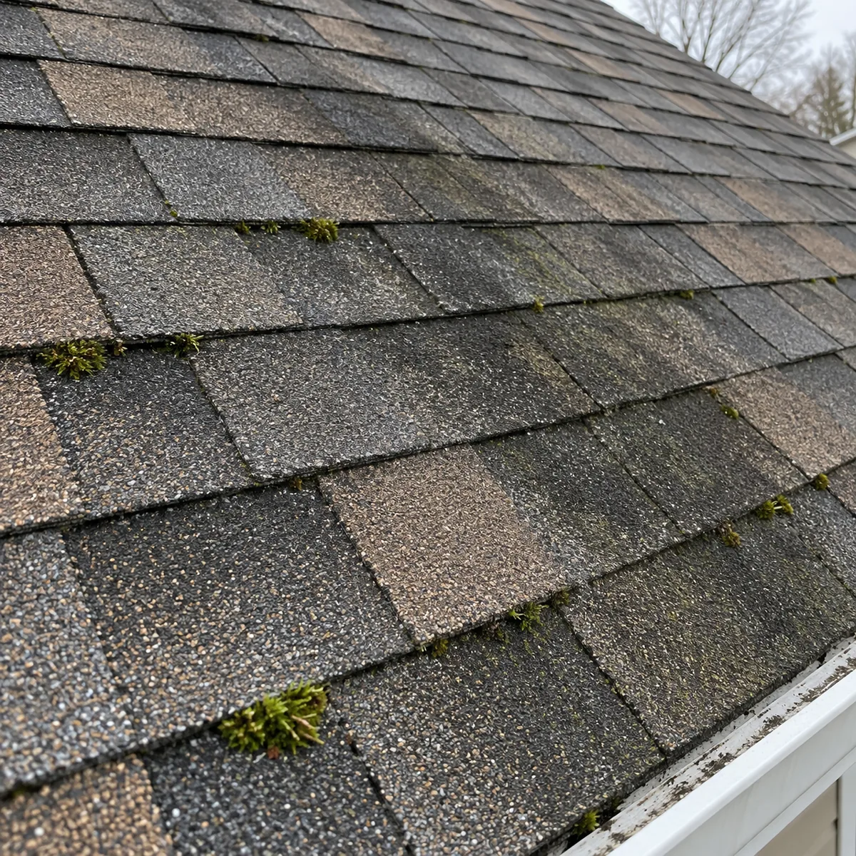 Dark staining and small patches of moss along the edges of weathered asphalt shingles.