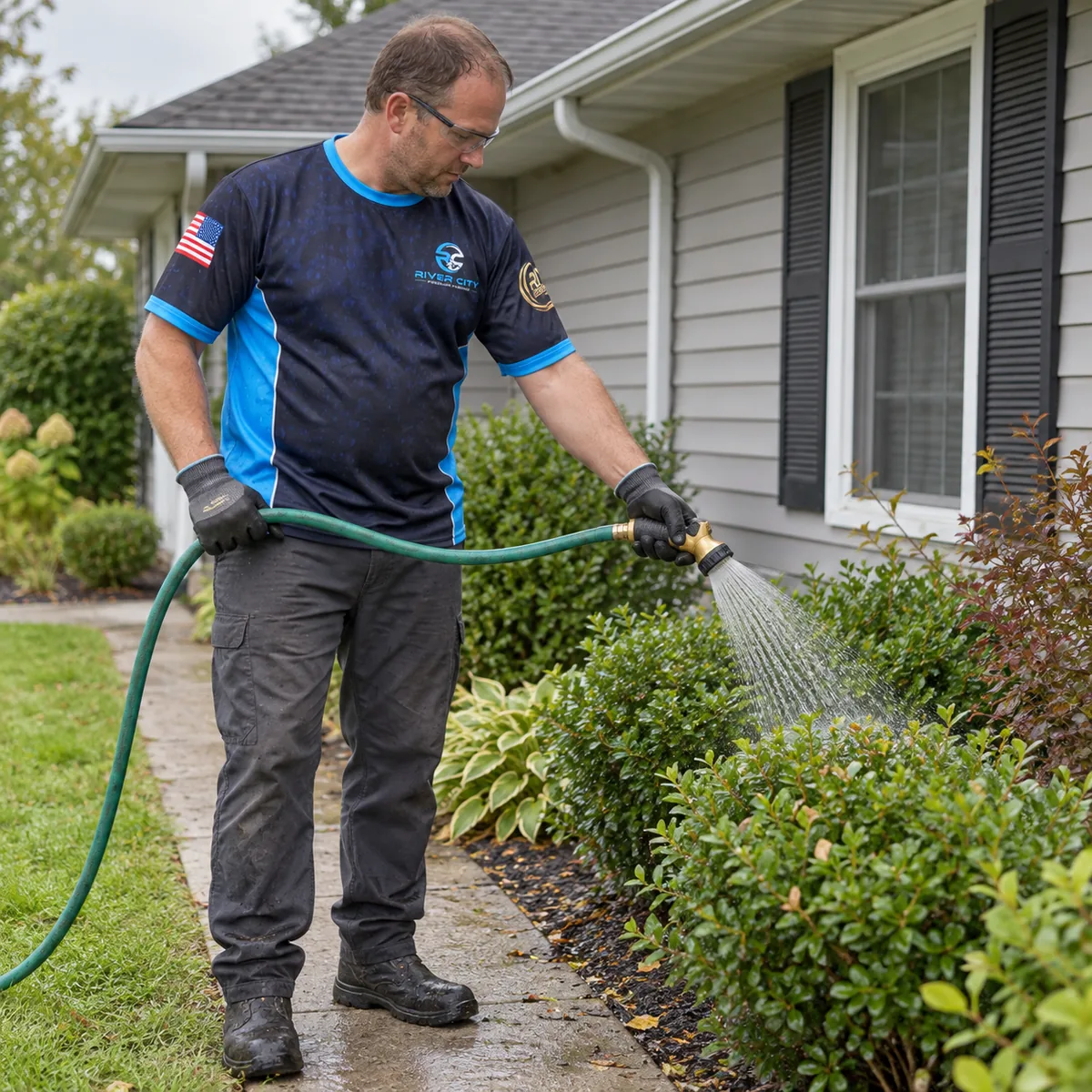 Technician in a navy and cyan uniform wetting shrubs beside a house with a garden hose.