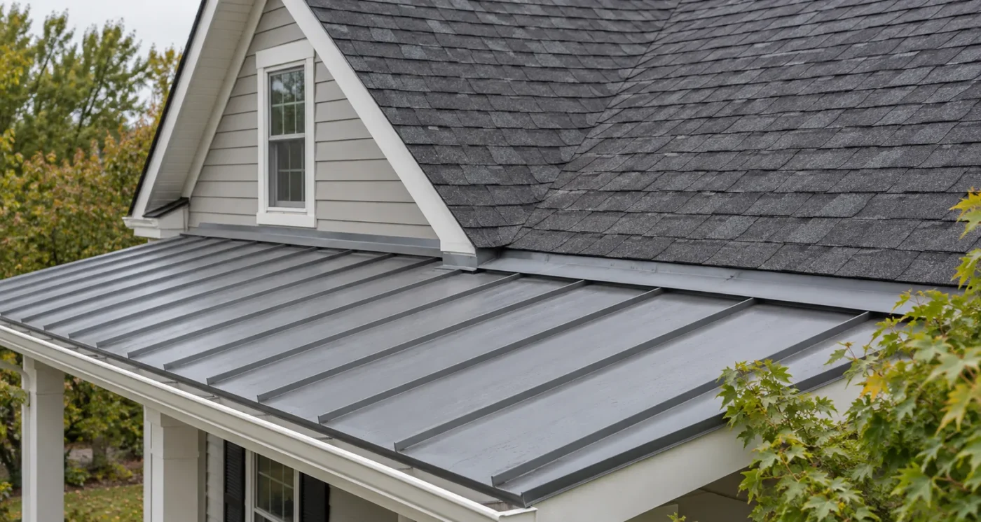 Asphalt shingles above a gray standing-seam metal porch roof with white fascia and gutters.