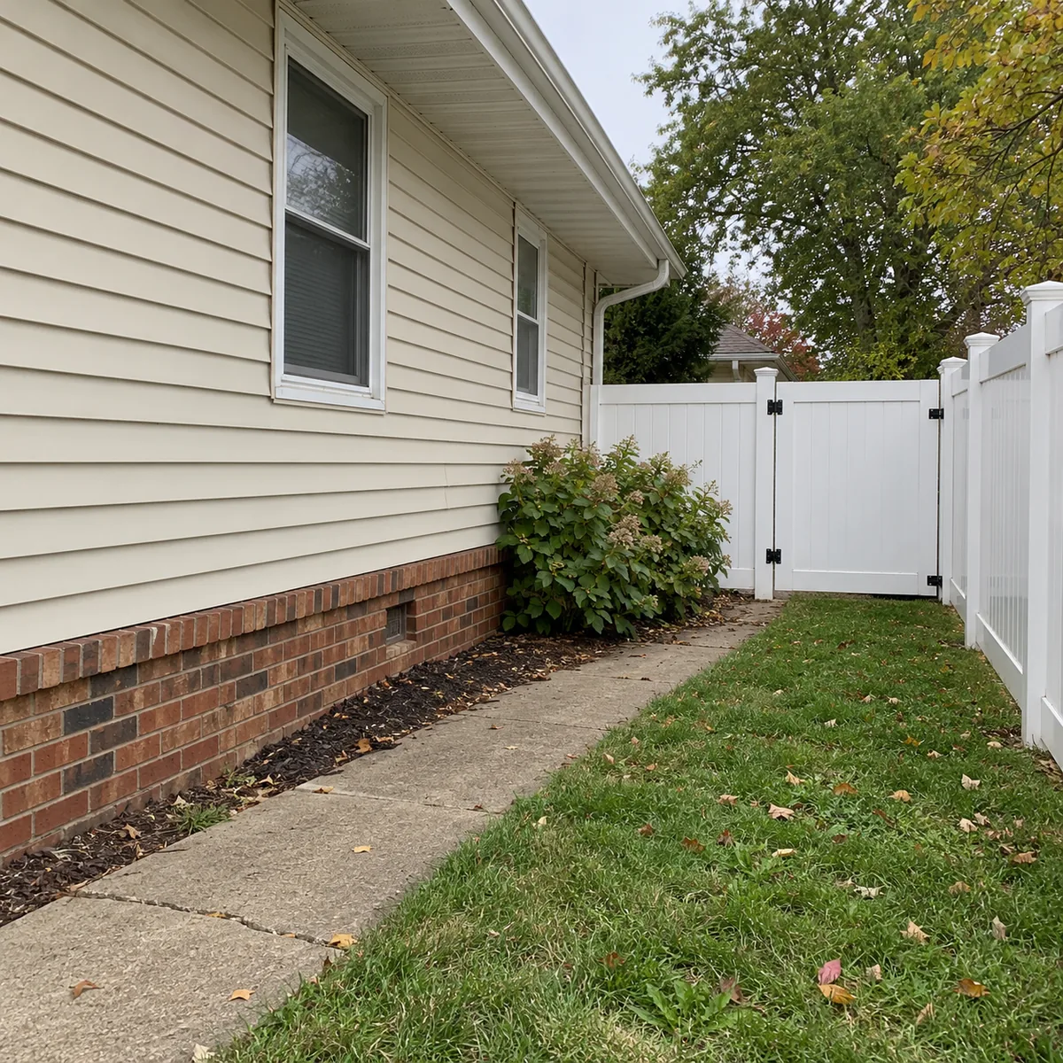 Beige vinyl siding, a brick foundation and a white vinyl fence beside a worn garden path.