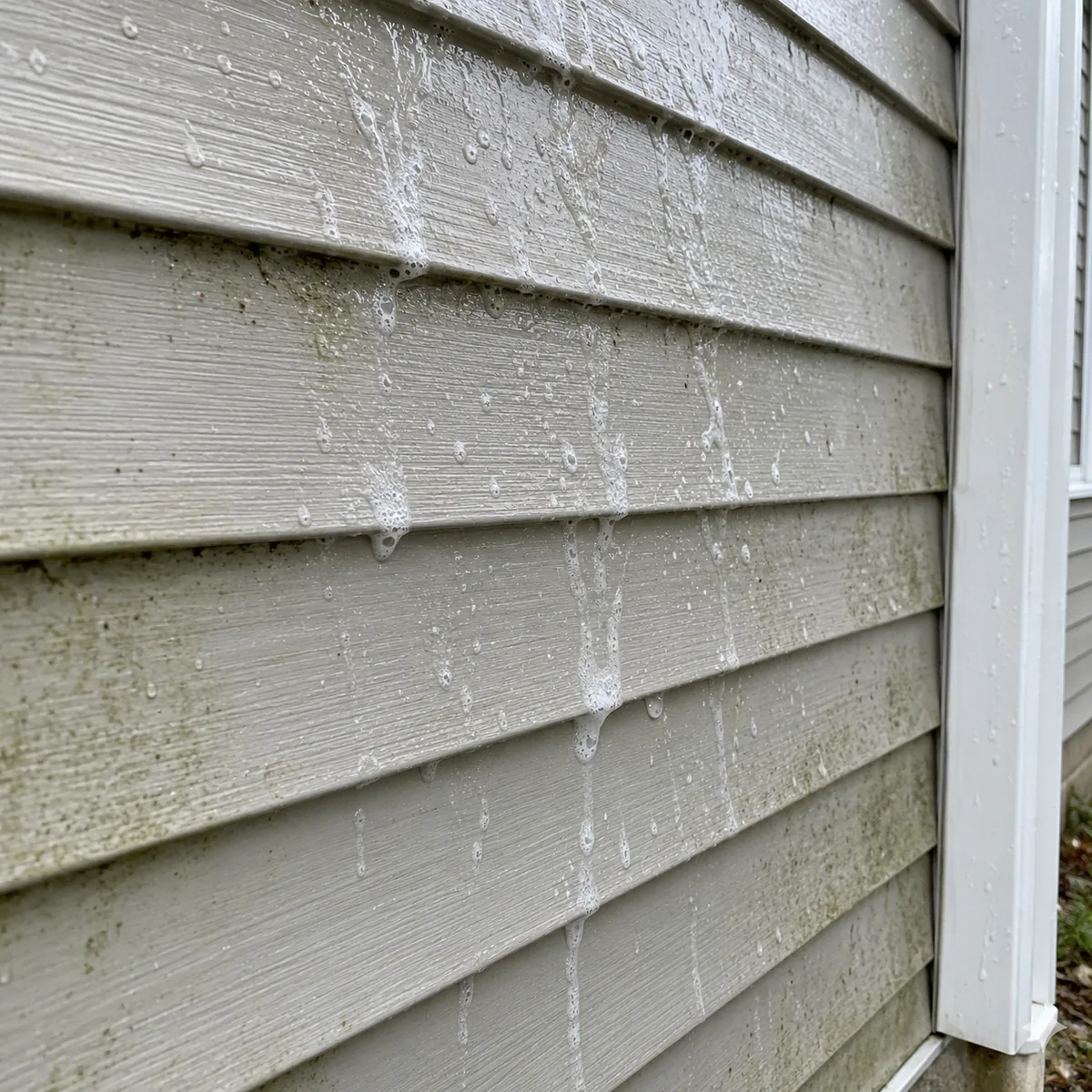 Thin wet cleaning film and small bubbles on vinyl siding, with discoloration along the seams.
