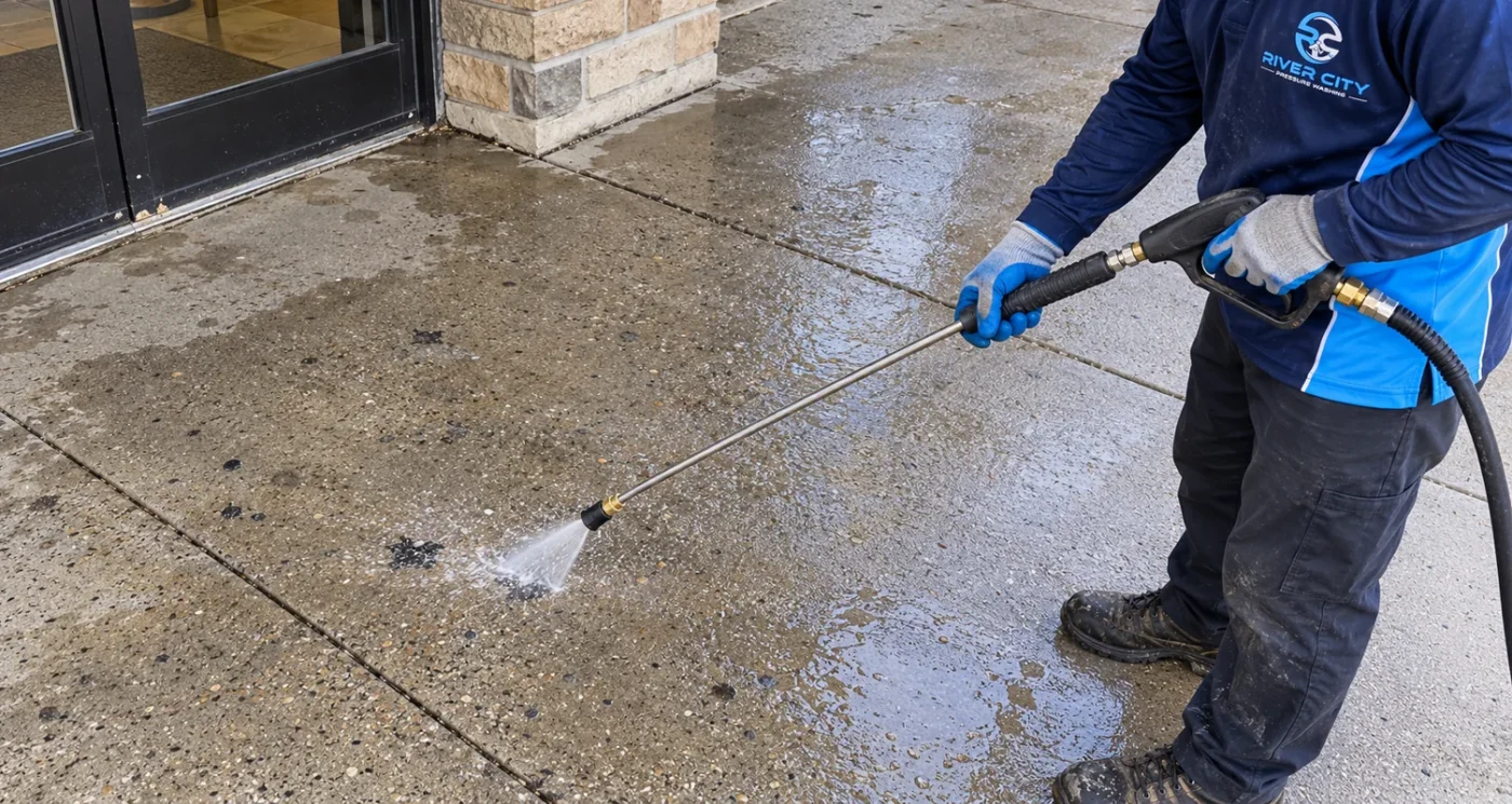 Technician spot cleaning concrete outside a restaurant entrance with a pressure-washing lance.