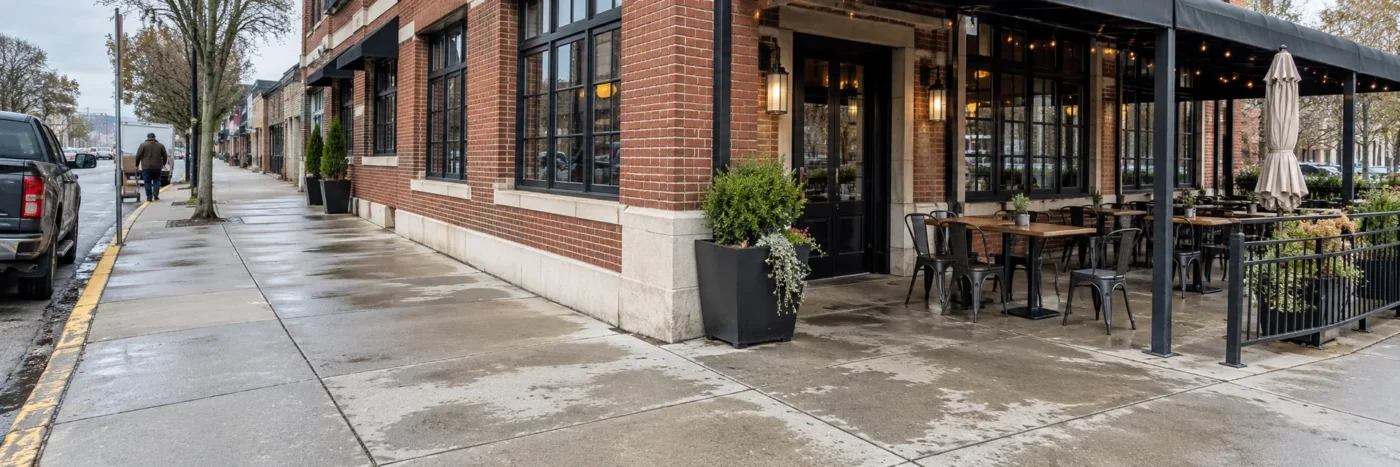 Brick restaurant frontage with a covered patio, wet sidewalk and parked vehicles.