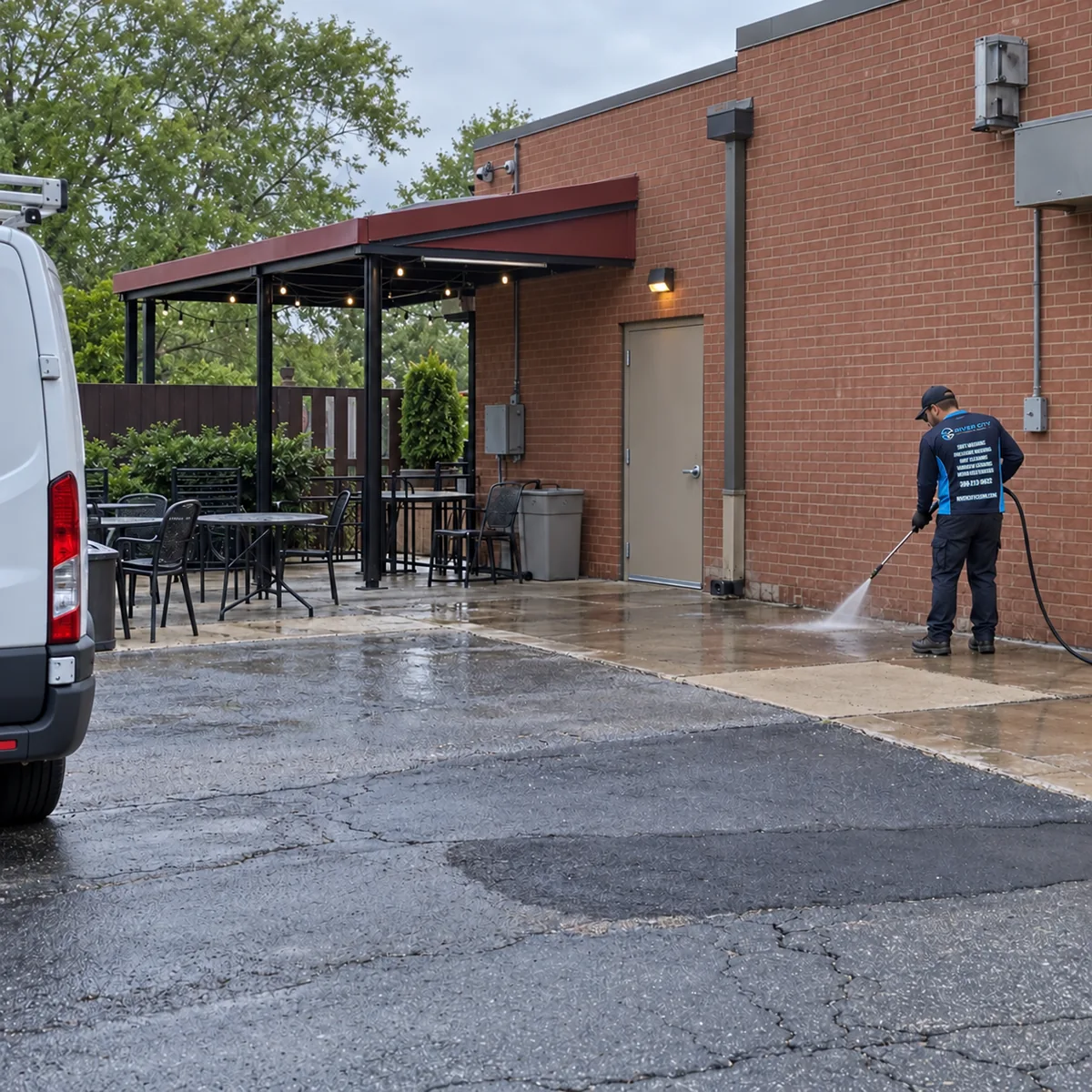 Technician rinsing concrete beside a restaurant patio and brick service entrance.