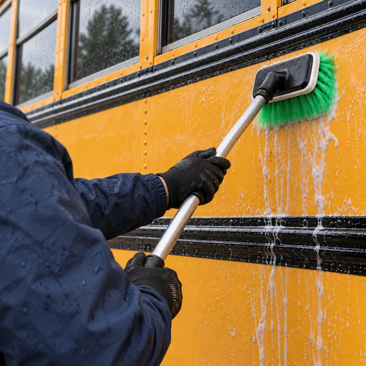 Gloved hands guiding a soft vehicle brush across a wet yellow school bus panel.