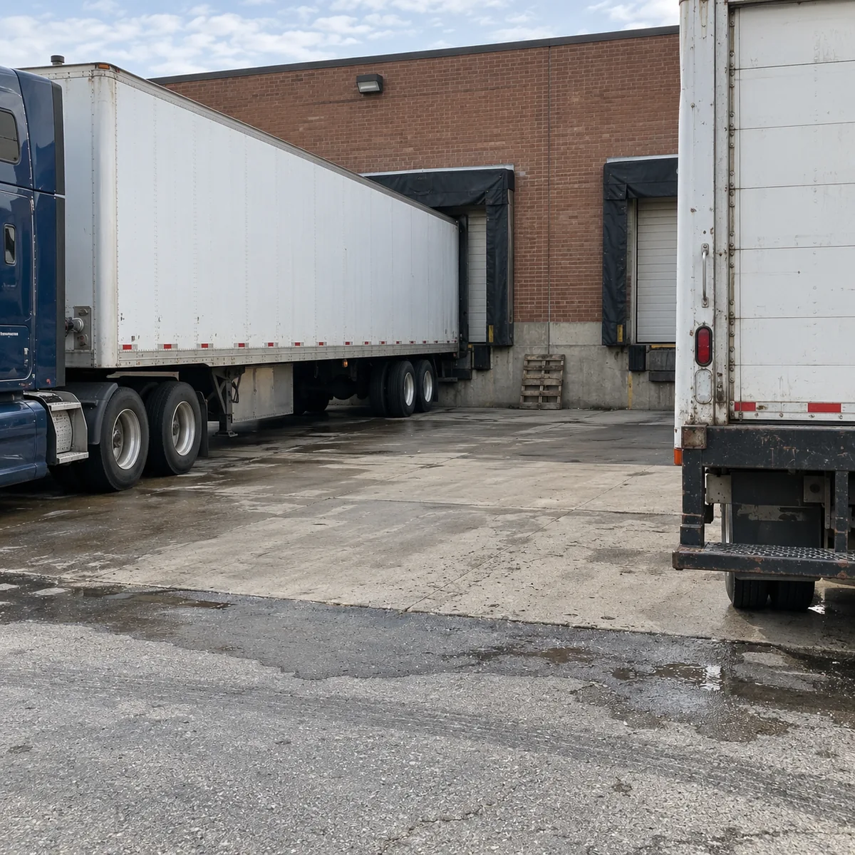 Tractor-trailer and delivery box truck parked beside loading docks at a brick freight warehouse.