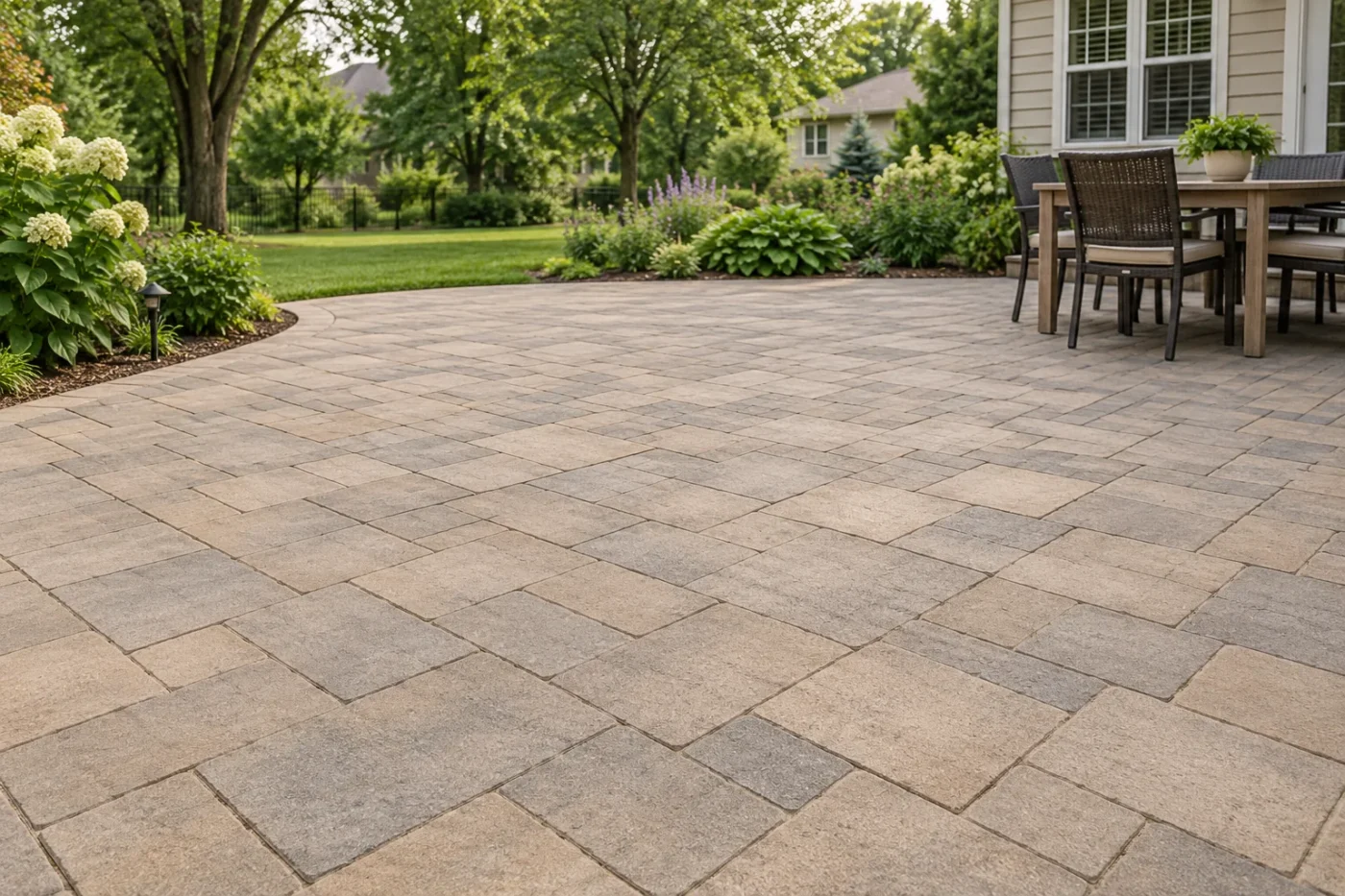 Dry gray and buff patio pavers with a natural matte appearance