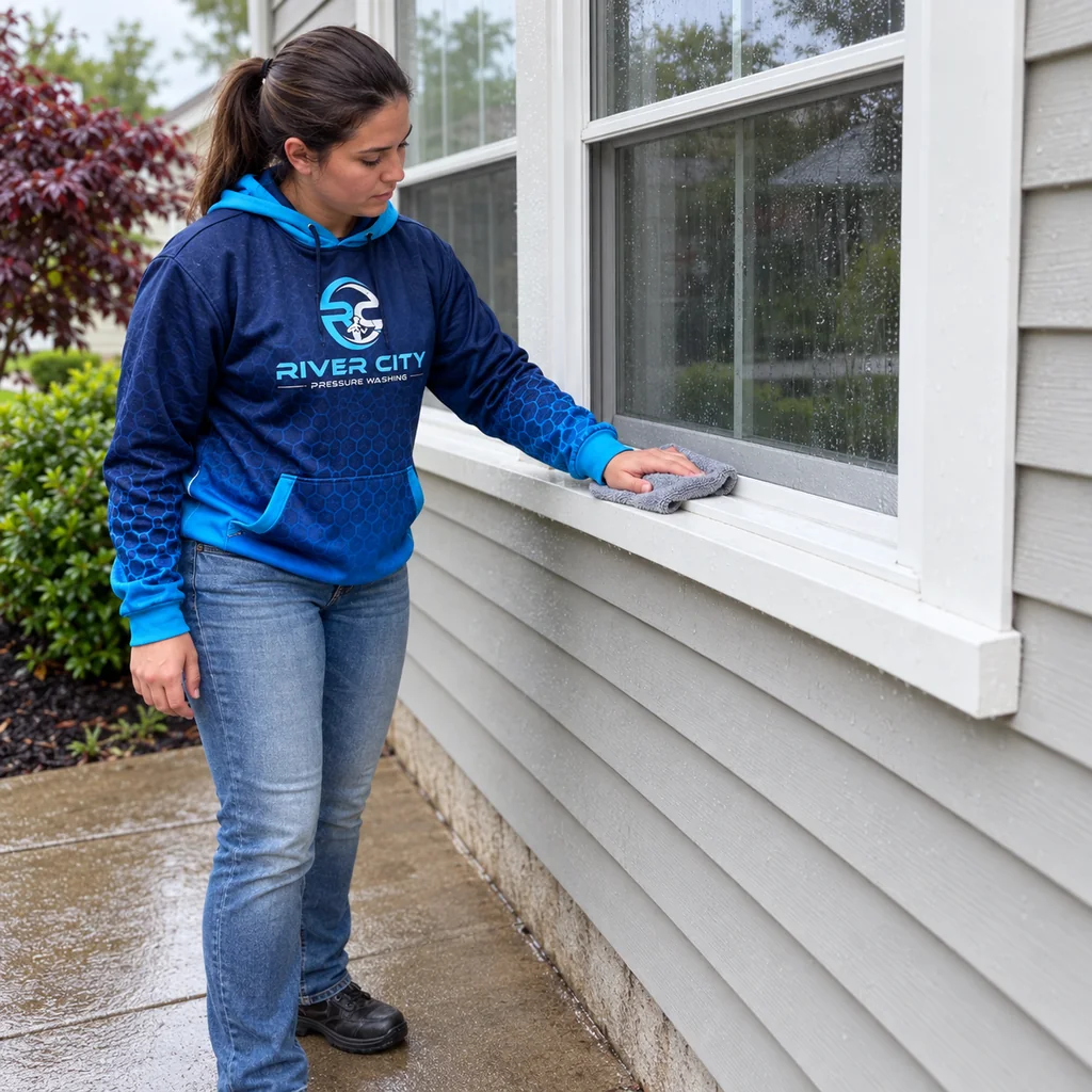 River City Pressure Washing technician wiping an exterior window sill with a microfiber cloth.