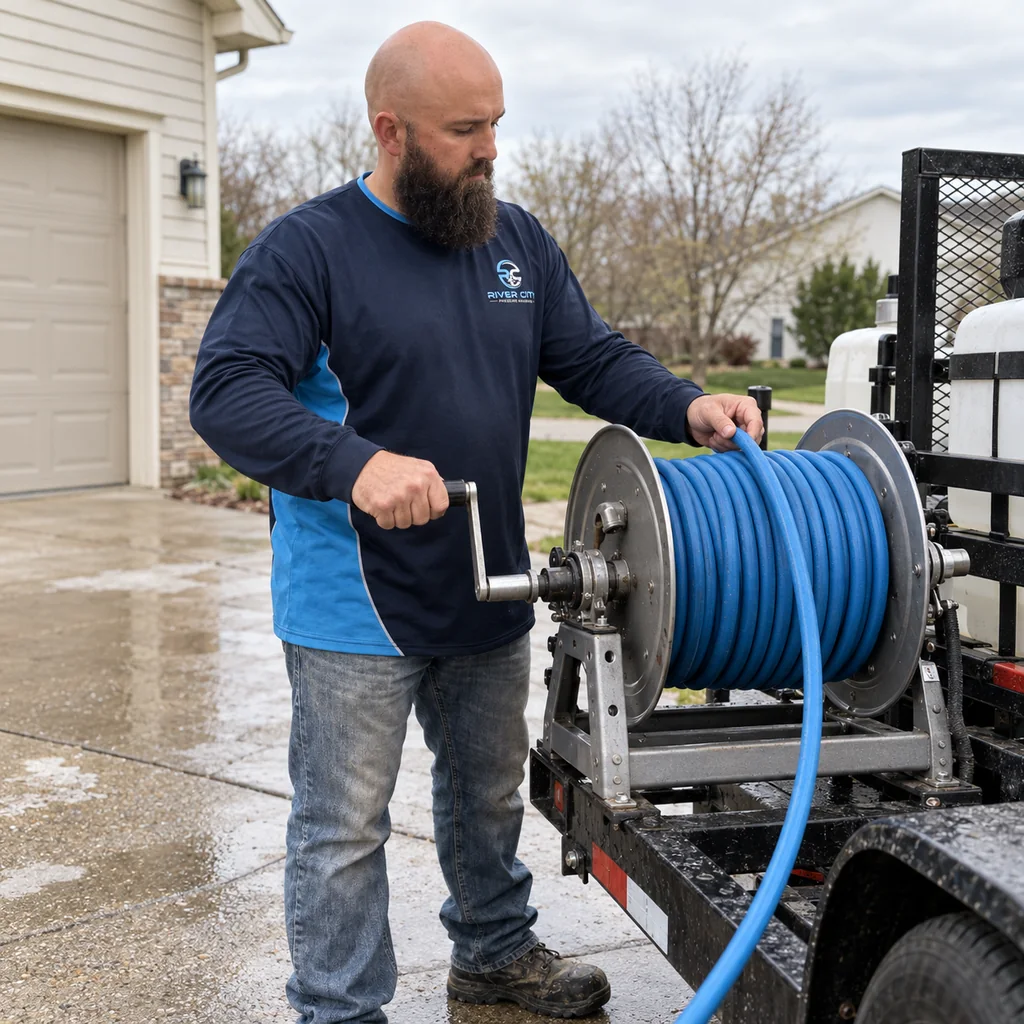River City Pressure Washing technician winding blue hose onto a trailer-mounted reel.