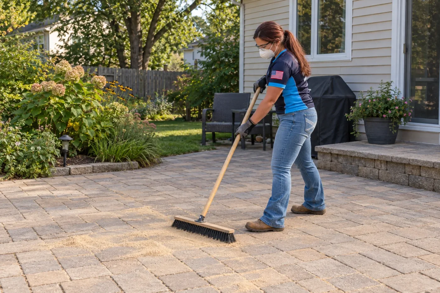 Team member sweeping dry joint sand across a paver patio with a push broom