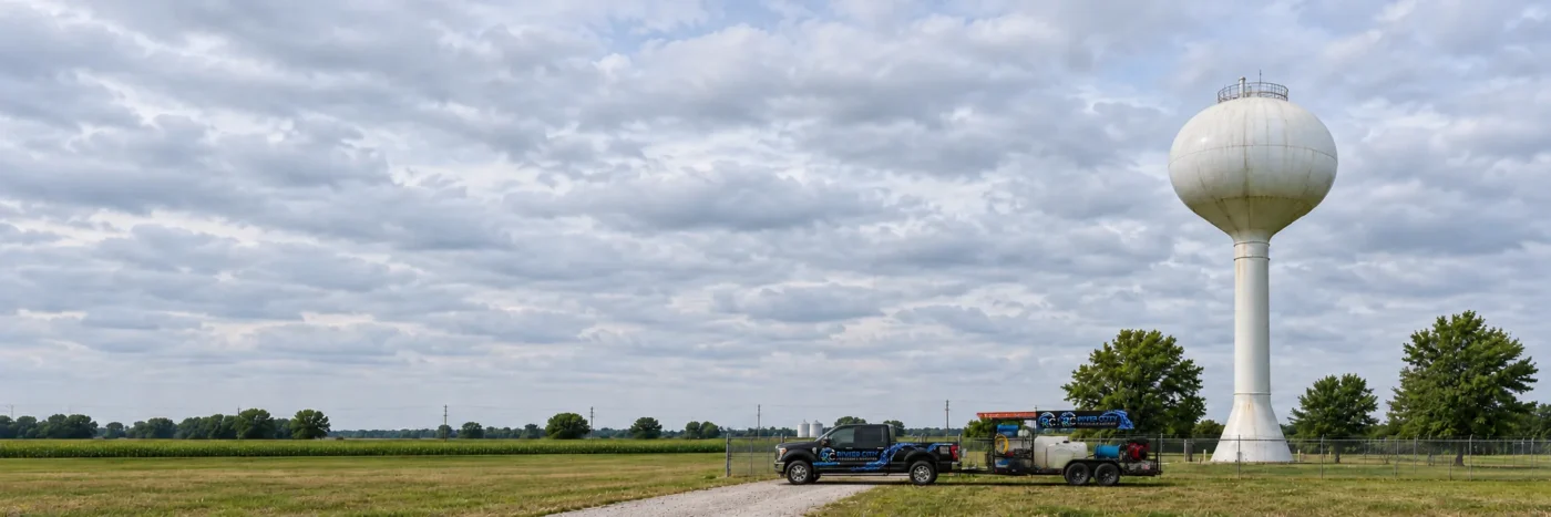 White water tower with a River City truck and open pressure-washing trailer at a service entrance
