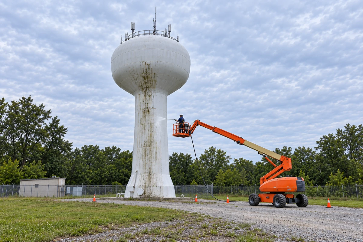 Ground-level view of a technician cleaning a water tower pedestal from a boom lift